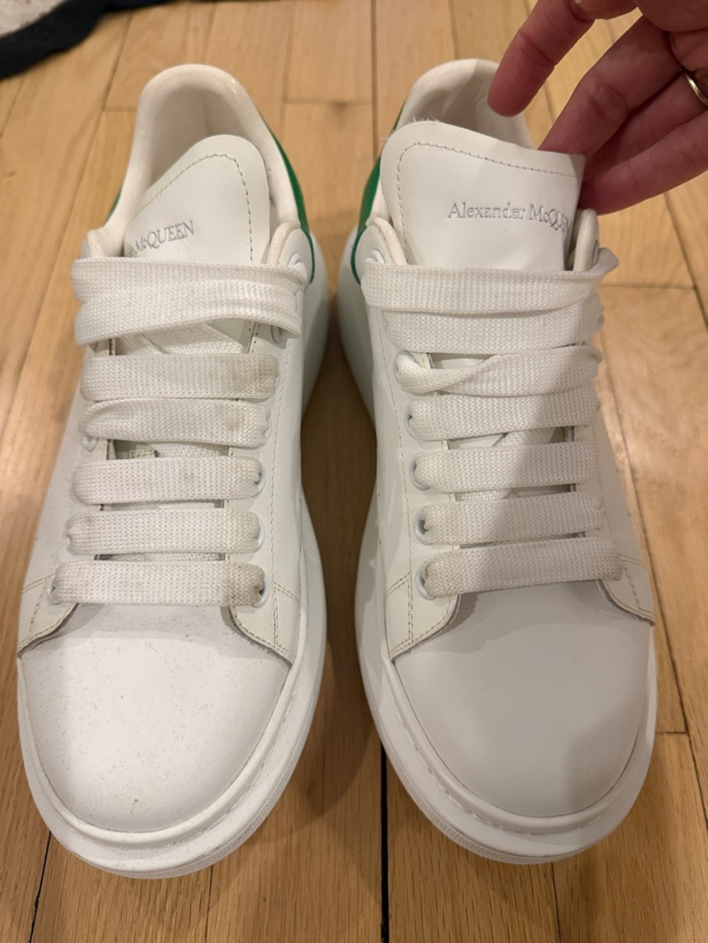 Alexander McQueen White Leather Sneakers with Green Heel Tab